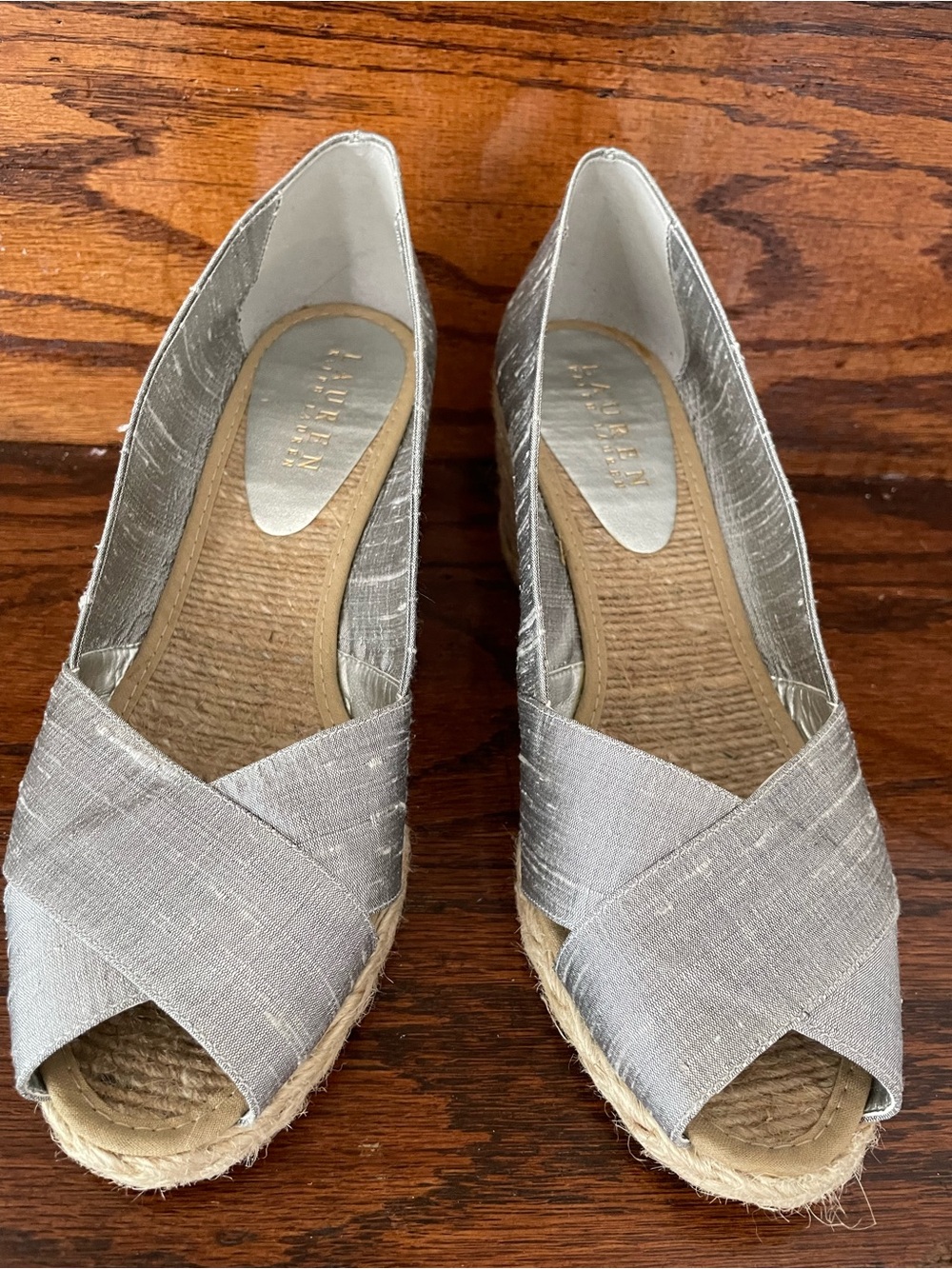 Lauren Ralph Lauren Cecilia Espadrille Wedge Sandals Silver Linen Women’s 6.5 - Picture 2 of 7